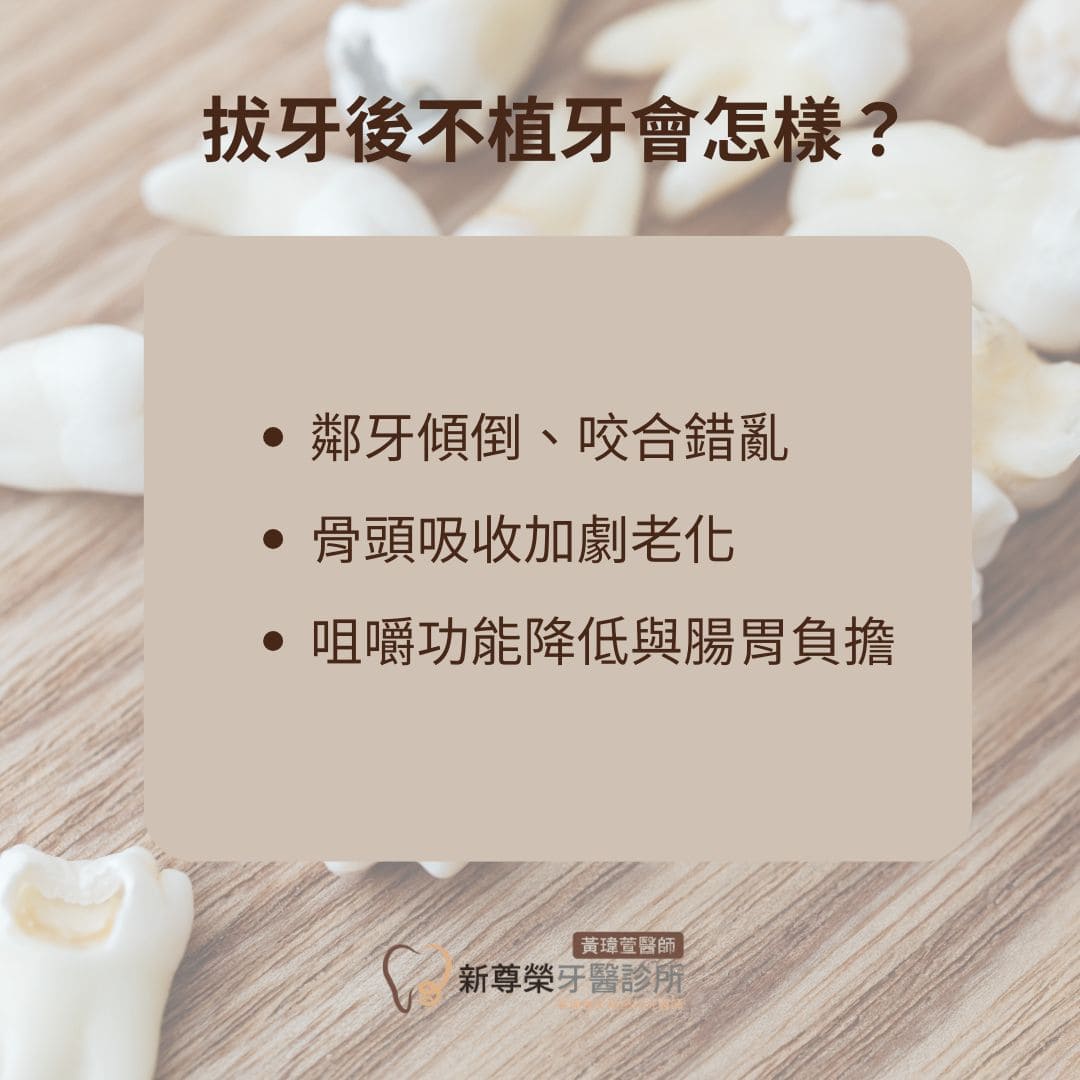 牙齒拔掉一定要植牙嗎?醫師解析不植牙的3種潛在風險與拔牙植牙替代方案 1 拔牙後不植牙會怎樣